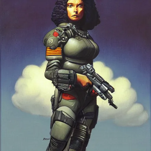 Prompt: female Scifi soldier gets ready, by Gerald Brom