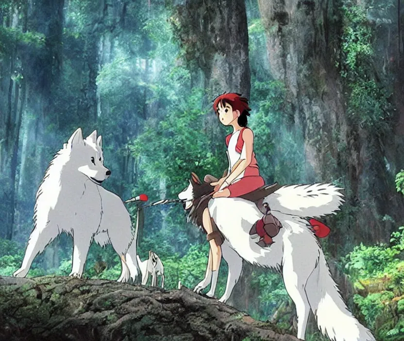 Image similar to Promotional photo of the live-action remake of the 1997 Studio Ghibli film Princess Mononoke. We see San riding her beautiful giant white wolf.