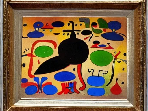 Image similar to oil painting of strange beings in a temple, Joan Miro