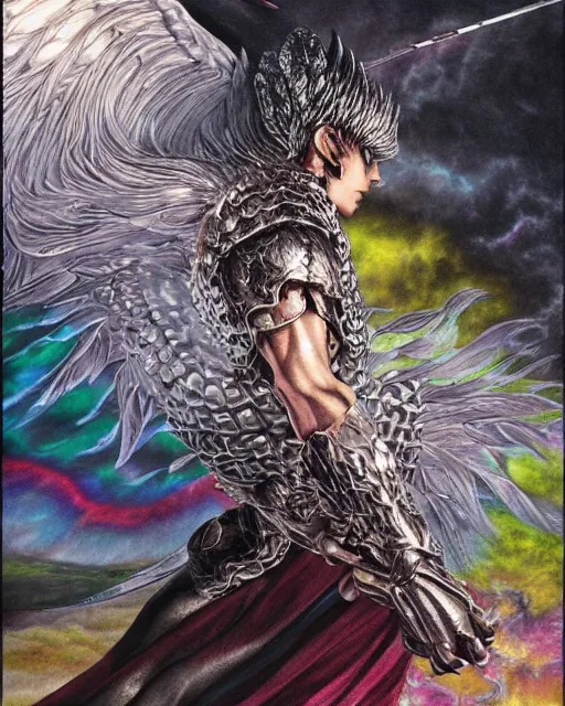 Image similar to realistic detailed image of ultra wrathful rainbow diamond iridescent mega griffith from berserk, depth perception, depth of field, action horror by ayami kojima, neo - gothic, gothic, part by adrian ghenie and gerhard richter. art by kentaro miura. masterpiece