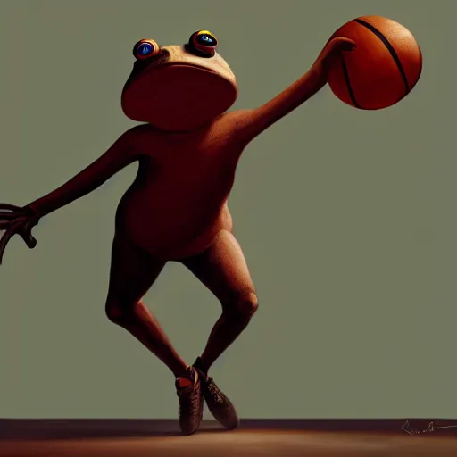 Image similar to a six foot tall anthropomorphic toad playing basketball, style of goya, painting, 4 k, artstation, ultra realistic, dynamic lighting, dynamic shadow