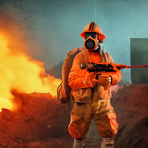 Image similar to a soldier with a glowing orange visor, a gas mask in a half-turn looks into the camera, bodies of the dead are scattered around, an orange fire in the background, octane render, 4k, details, dramatic pose