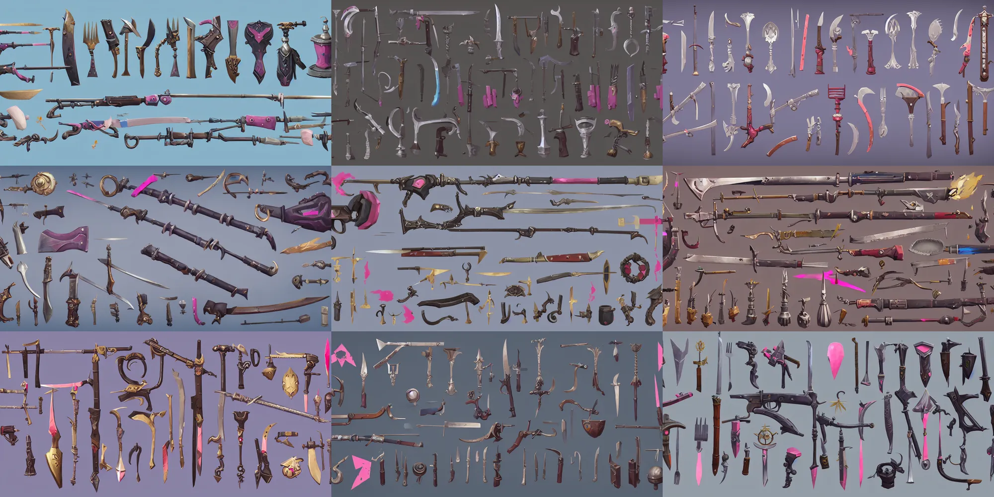 Prompt: game asset of the sims dishonored utensils of gun and sword weapons, in gouache detailed paintings, props, stylized, 2 d sprites, kitbash, arcane, overwatch, blue and pink color scheme, 8 k, close up
