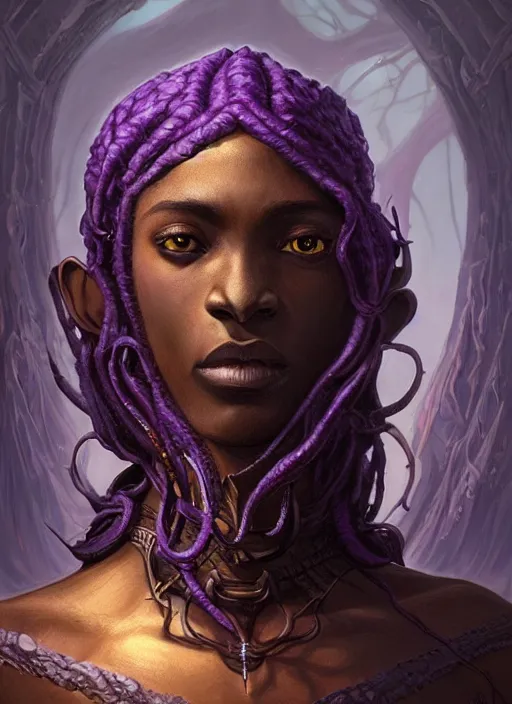 Image similar to dark skinned half elf, purple dreadlocks, god of illithid, fantasy, extremely detailed, digital painting, artstation, concept art, smooth, sharp focus, illustration, stunning lighting, art by artgerm and greg rutkowski and alphonse mucha and simon stalenhag, realistic character concept, high fantasy, light atmosphere, golden ratio, cinematic lighting, hyperdetailed, high resolution, insanely detailed and intricate, artstation, Marc Simonetti, Greg Rutkowski