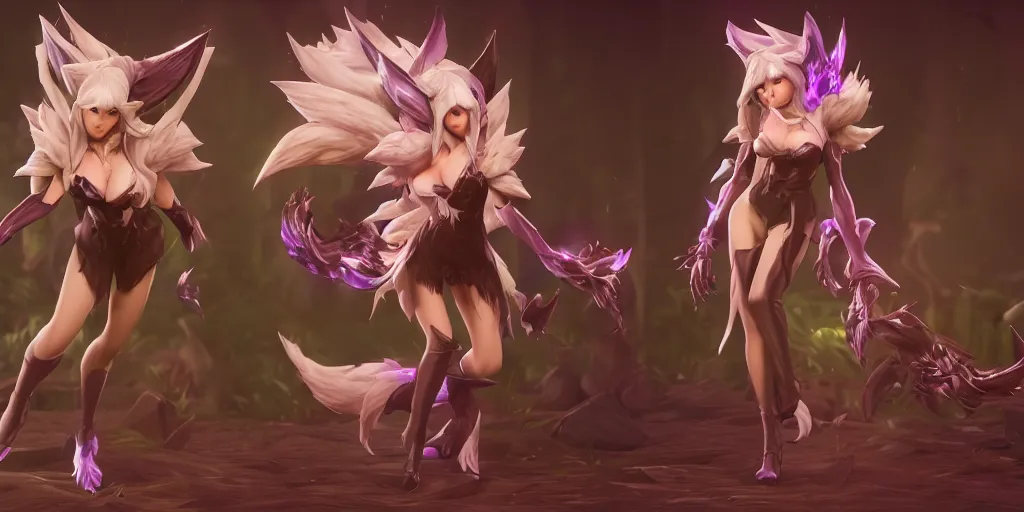 Image similar to character sheet of elderwood ahri ( league of legends ). hyperreal 3 d octane render 8 k