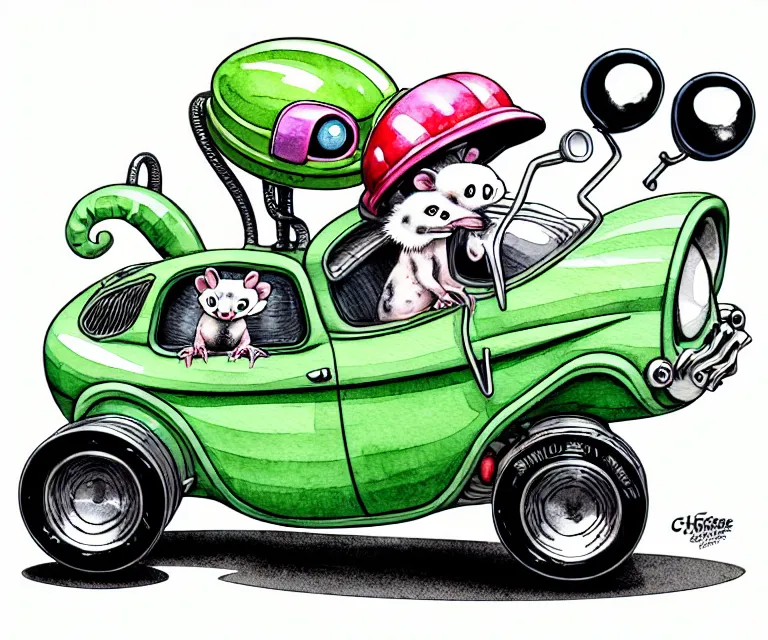 Image similar to cute and funny, opossum wearing a helmet riding in a tiny hot rod with oversized engine, ratfink style by ed roth, centered award winning watercolor pen illustration, isometric illustration by chihiro iwasaki, edited by range murata, tiny details by artgerm and watercolor girl, symmetrically isometrically centered, focused