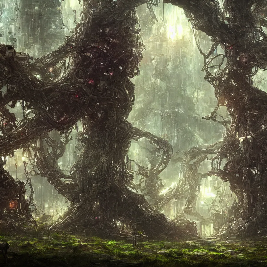 Prompt: yggdrasil growing in a dark forest where gears and electronic parts grow on the trees , cyberpunk landscape wallpaper, d&d art, fantasy, painted, 4k, high detail, sharp focus