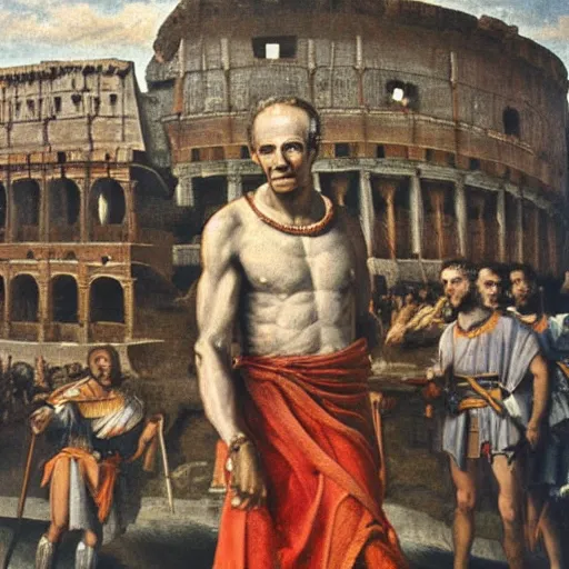 Prompt: Painting of Julius Caesar infront of the Roman colosseum, exotic