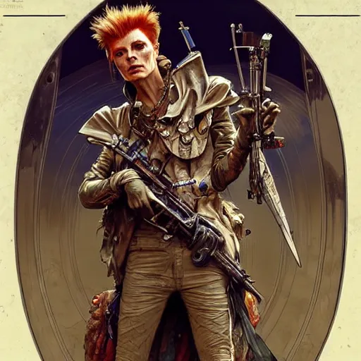 Image similar to post apocalyptic david bowie, fantasy, d & d, intricate, detailed, by by alphonse mucha, adolfo hohenstein, alice russell glenny, stanley artgerm lau, greg rutkowski, detailed, trending on artstation, trending on artstation, smooth