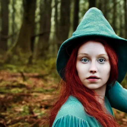 Image similar to young woman is a cottagecore witch, with rosy hair, with teal clothes, in a foggy forest, hyper - realistic, 4 k, full body, vogue photoshoot