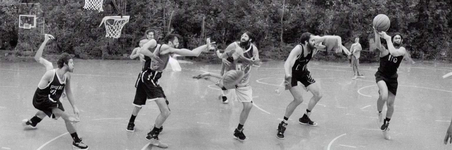 Prompt: picture of caveman playing basketball