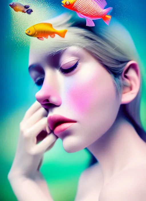 Image similar to Kodak Portra 400, 8K, soft light, volumetric lighting, highly detailed, fine art portrait photography in style of Giovanni Gastel , britt marling style 3/4 face morphing with soft pastel colors tropical fishes, metamorphosis complex 3d render, 150 mm lens, soft blur background, bust with intricate details, elegant, hyper realistic, ultra detailed, octane render, etheric, outworldly colours, emotionally evoking, head in focus, fantasy, ornamental, intricate, elegant, 8K, soft light, volumetric underwater lighting, highly detailed, Refined, Highly Detailed, soft lighting colors scheme, fine art photography, Hyper realistic, photo realistic