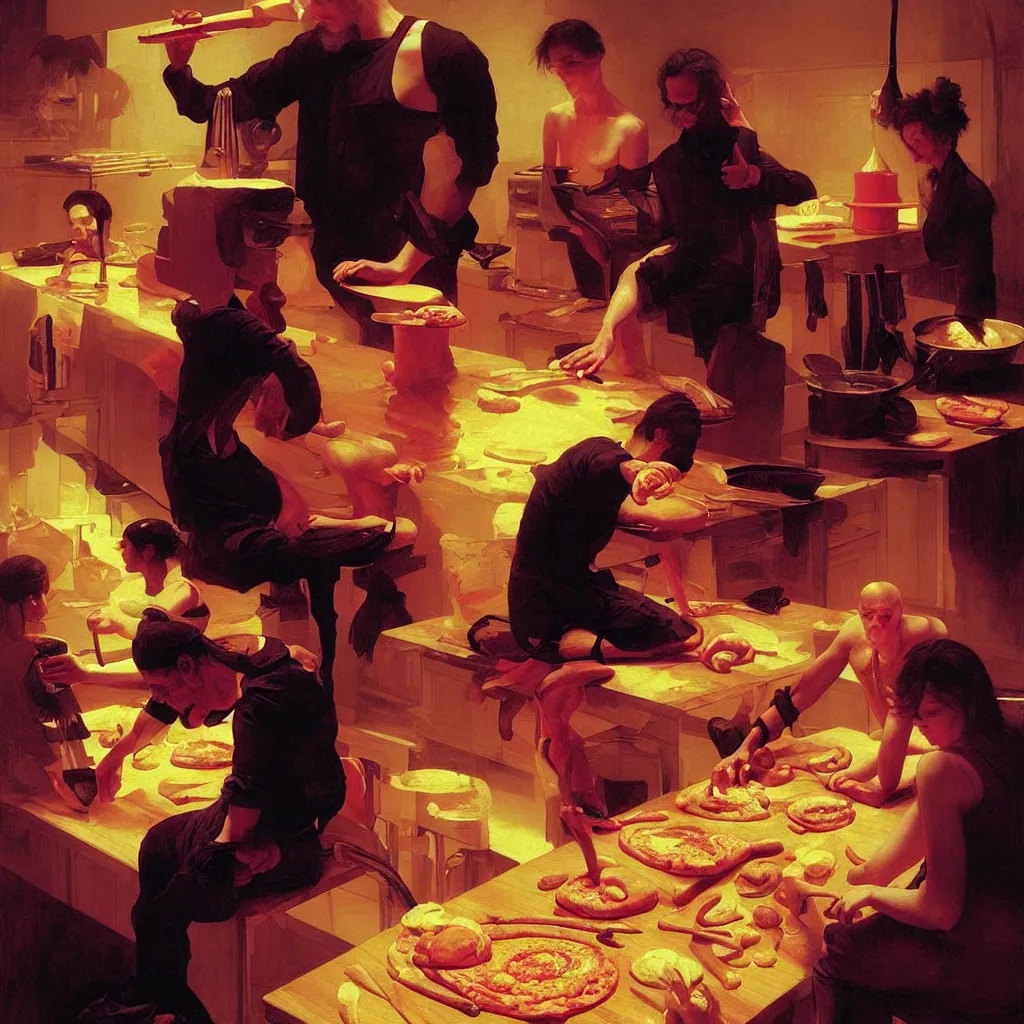 Image similar to weird and disturbing portrait of nick cave baking pizza, vivid colors, death, neon, art by ( ( ( kuvshinov ilya ) ) ) and wayne barlowe and thomas eakins and artgerm and wlop and william - adolphe bouguereau