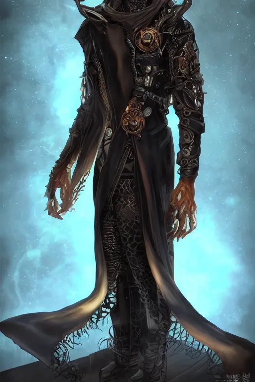 Image similar to beautiful full body portrait of a human - giraffe hybrid male wizard, scaley!! black onyx skin, wearing a robe, by wlop and artgerm, steampunk fiction, detailed deep black eyes, space background, trending, on artstation.