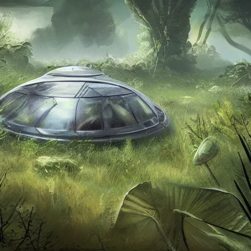 Prompt: abandoned UFO surface covered with vegetation,artstation