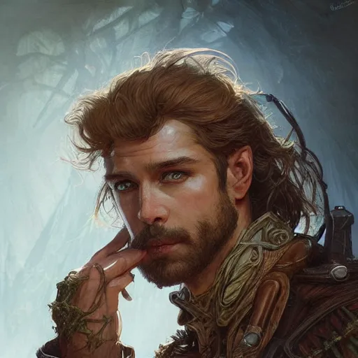 Image similar to portrait of a rugged male ranger, D&D, fantasy, intricate, elegant, highly detailed, digital painting, artstation, concept art, smooth, sharp focus, illustration, art by artgerm and greg rutkowski and alphonse mucha