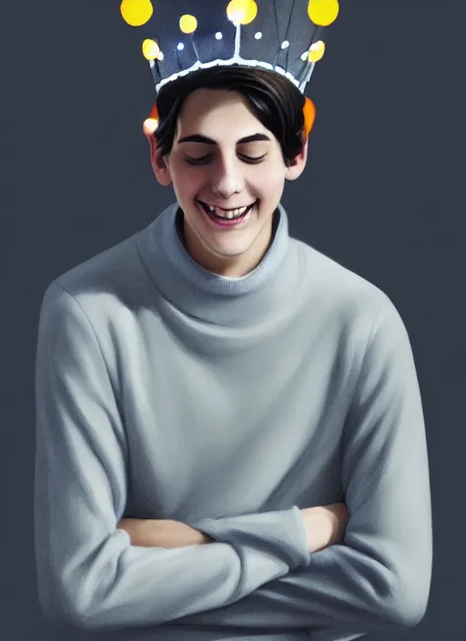 Image similar to portrait of teenage jughead jones wearing a light grey crown, crown, blue turtleneck, closed eyes, eyes closed, smile, crown, black hair, intricate, elegant, glowing lights, warm lighting, highly detailed, digital painting, artstation, concept art, smooth, sharp focus, illustration, art by wlop, mars ravelo and greg rutkowski