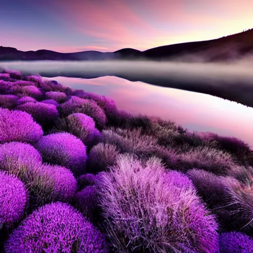 Image similar to Stunning 4K night photograph of a purple mist rolling over a lake.