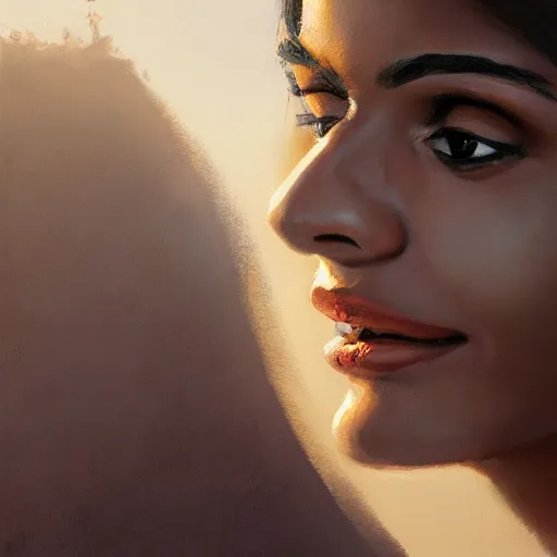 Image similar to a closeup portrait of a mia khalifa, dramatic light, lake background, sunset, dark, painted by stanley lau, painted by greg rutkowski, painted by stanley artgerm, digital art, trending on artstation