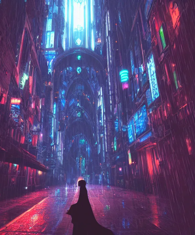 Prompt: worm's eye view of a tall brightly lit cyberpunk cathedral at night in the rain, a woman holding an umbrella gazing upward with wonder, octane ray tracing, volumetric lighting, trending on artstation