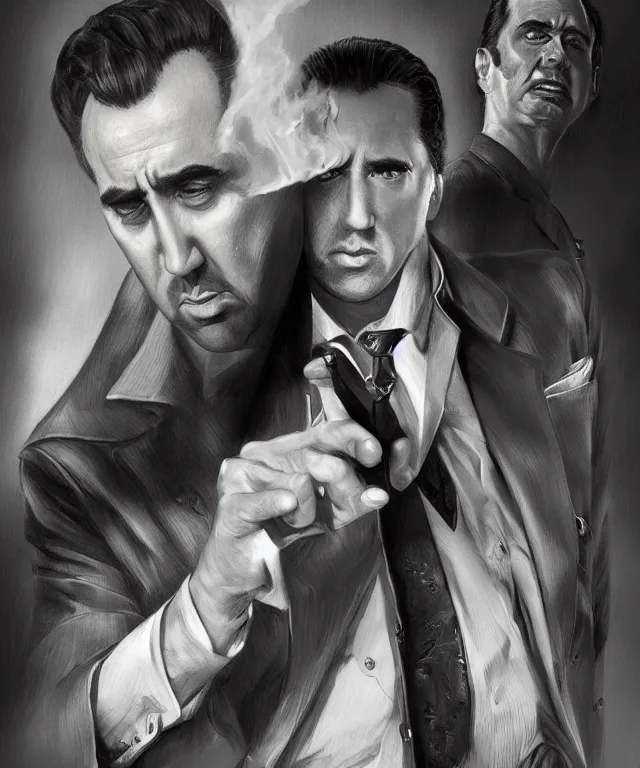 Image similar to Portrait of a Nicolas Cage as a Mafia boss from 1960s, highly detailed, digital painting, artstation, concept art, smooth, sharp focus, illustration by Artgerm and Greg Rutkowski and Tom Bagshaw