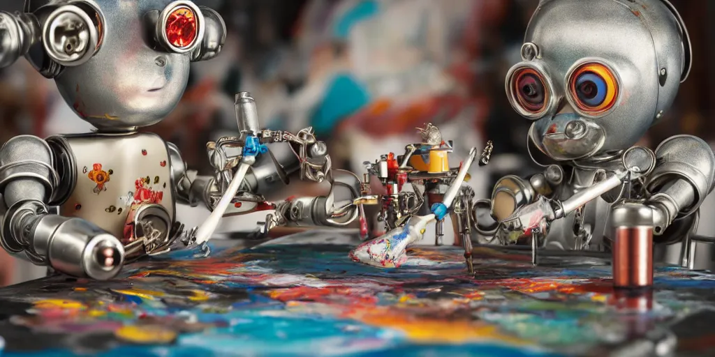 Image similar to closeup portrait of tin toy retro robot painter mixing gouache in an artist workshop, depth of field, zeiss lens, detailed, centered, fashion photoshoot, by nicoletta ceccoli, mark ryden, lostfish, breathtaking, 8 k resolution, extremely detailed, beautiful, establishing shot, artistic, hyperrealistic, octane render