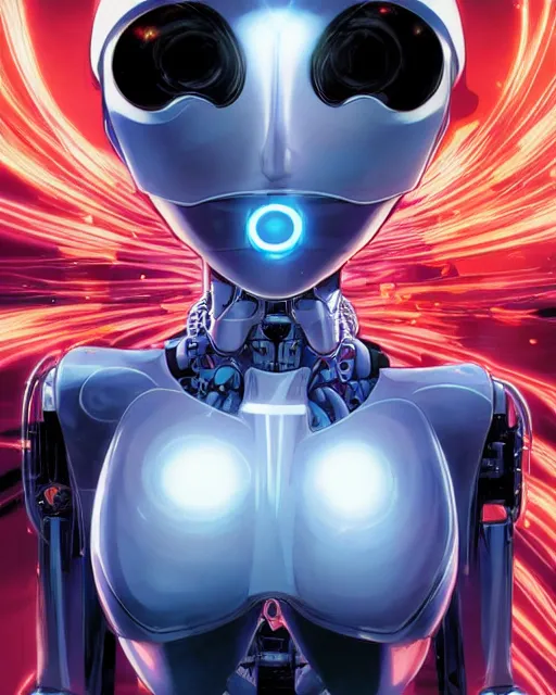 Image similar to portrait of a blonde woman with blue eyes as a robot, cybernetic enhancements, art by makoto shinkai and alan bean, yukito kishiro