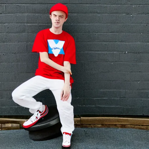 Image similar to a full body shot of an average white, short young - adult man with blue dyed hair holding a microphone, wearing a red backwards cap, white t - shirt with a red no symbol on it, blue long pants and red shoes