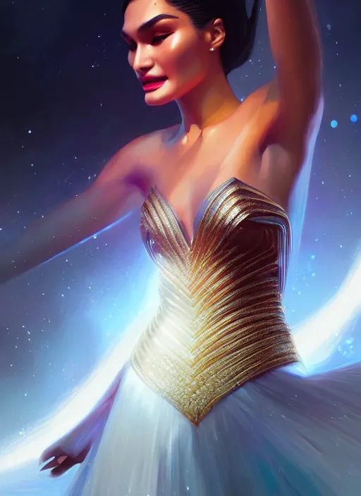 Image similar to portrait of darna pia wurtzbach, intricate, elegant, glowing lights, highly detailed, digital painting, artstation, glamor pose, concept art, smooth, sharp focus, illustration, art by wlop, mars ravelo and greg rutkowski