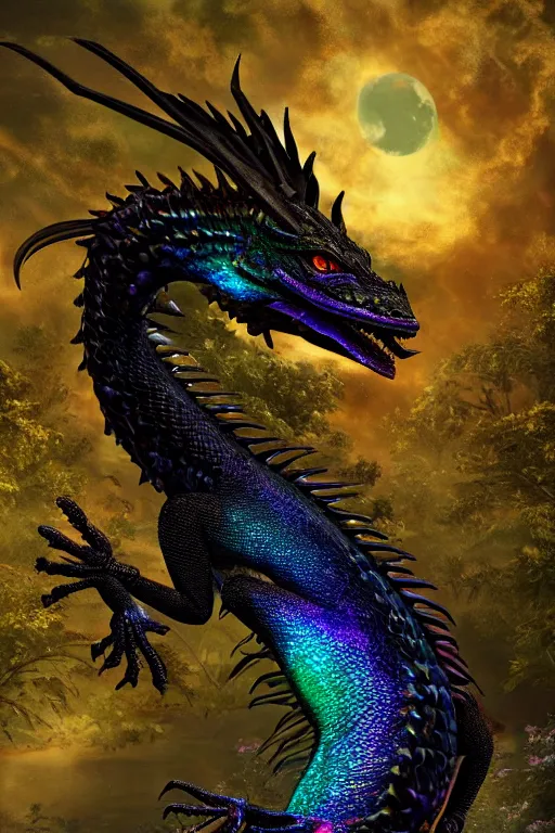 Prompt: beautiful iridescent black dragon with the moonlight shining on its scales | bejeweled lizard | cinematic lighting | Evelyn De Morgan and John Waterhouse | Unreal Engine | rich colors