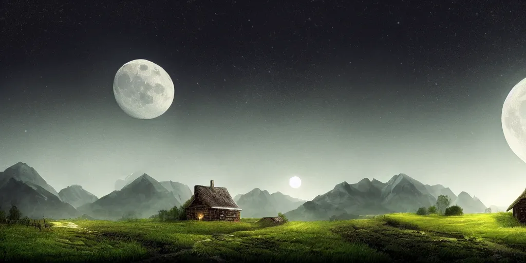 Prompt: Void covered fields with large mountains in the distance, small cottage in the foreground, nighttime, moon in the night sky, landscape wallpaper, d&d art, fantasy, painted, 4k, high detail, sharp focus