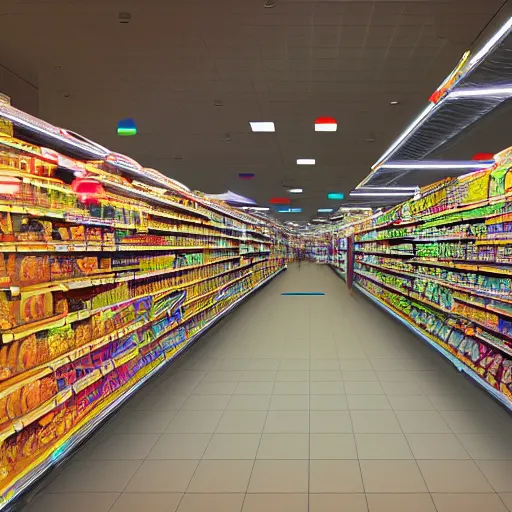 Image similar to augmented reality glowing data visualisation in supermarket, cinematic, kodachrome