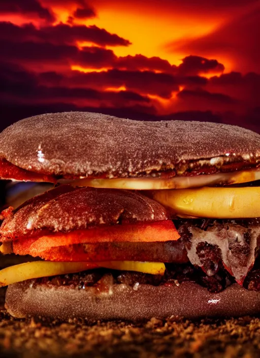 Image similar to a cinematic photograph of junkfood, at sunset, ultra detailed, realistic, beautiful lightning, golden hour time, 8 k, high depth field