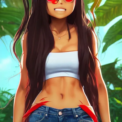 Image similar to nagatoro accurate brown skin color, using white and red tight raglan sleeves, tight blue jeans, in a tropical forest, burning hair glowy fire flames hair in flames hair fire hair, artstation, 3 d ray tracing, lumen, octane render flawless masterpiece concept art professionally post processed by wlop