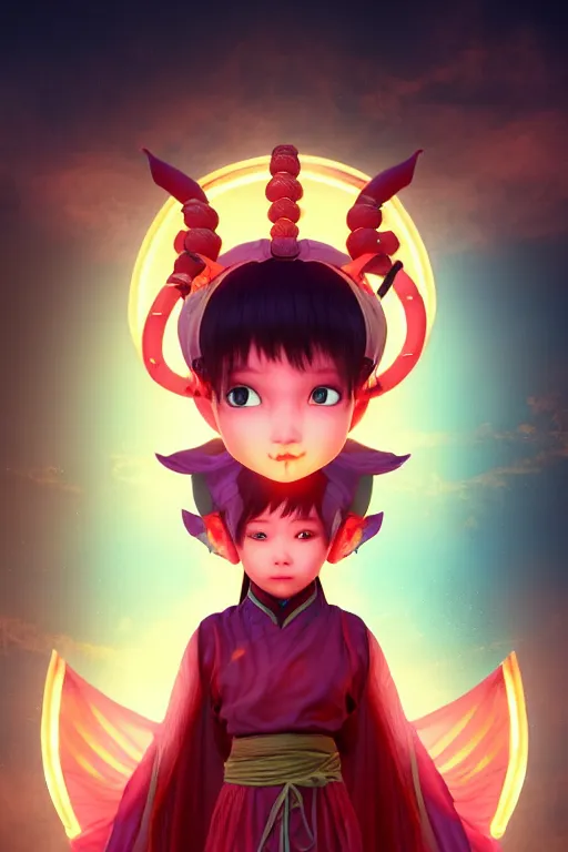 Image similar to cute nezha, mainland china, soft lights, cinematic, character concept design, highly detailed, volumetric light, symmetrical portrait, by new gods : nezha reborn, nezha : birth of the demon child, i am nezha, 8 k - - wallpaper