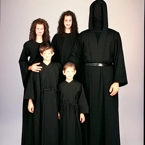 Image similar to 1 9 9 0's sears portrait photo, a family wearing long black cult robes and a giant evil sinister demonic creature