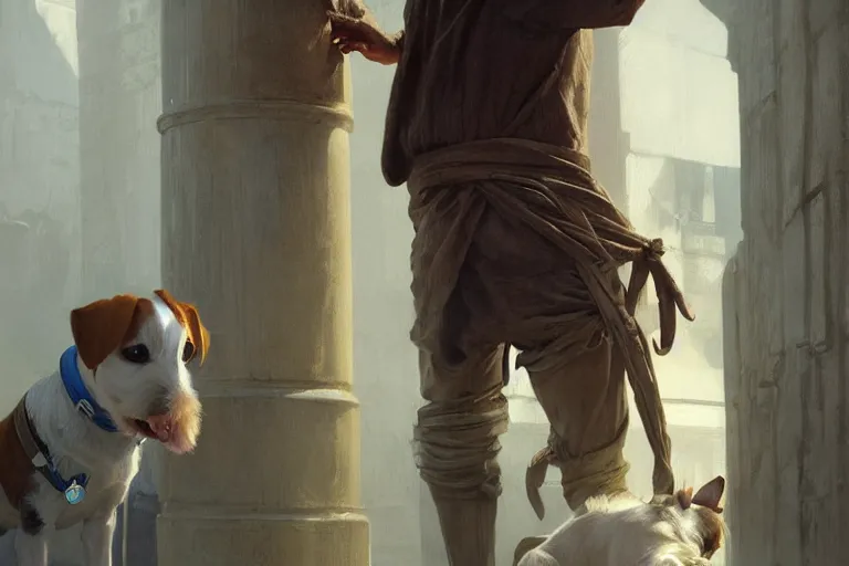 Image similar to a man tied to a pillar and jack russel terrier pissing on him, highly detailed, hyperrealistic digital painting, artstation, concept art, smooth, sharp focus, illustration, cinematic lighting, art by artgerm and greg rutkowski and alphonse mucha