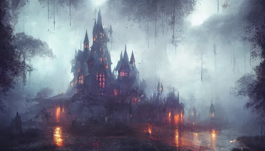 Prompt: stormy night, created by jan urschel and sylvain sarrailh, in the misty moonlight and mysterious fantasy forest, a huge fairy magic school castle, castle, many fireflies, shimmering effect, magnificent color matching, realistic matte painting, dressed, concept art, western magic forest, trending on artstation