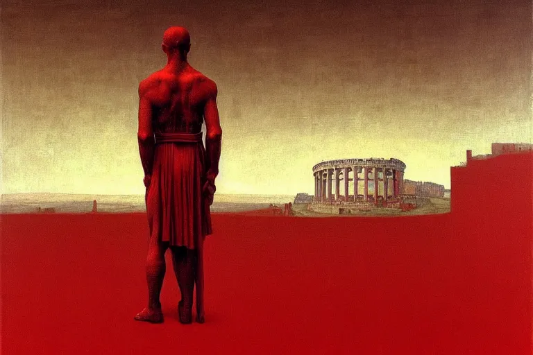 Image similar to only with red, caesar after war, a red tiger, in hoc signo vinces, rome in background, an ancient path, in the style of beksinski, part by hopper, part by rodcenko, part by hofbauer, intricate composition, red by caravaggio, insanely quality, highly detailed, masterpiece, red light, artstation