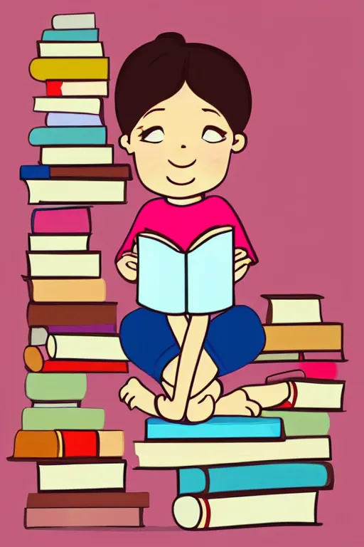 Prompt: a little girl sits cross legged on top of a tall pile of books. she is reading. clean pretty cartoon painting, 2 d, flat colors, beautiful detailed face.