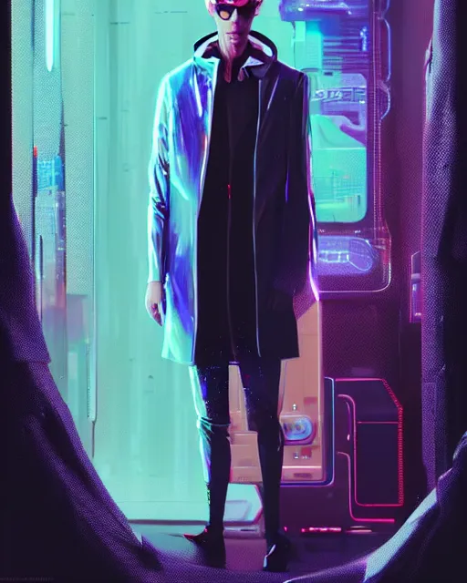 Image similar to detailed portrait of European Pale Blonde hair Stylish Guy Sheen Holographic Jacket coat, Futuristic sci-fi fashion, royal attire Akira, Evangelion, cyberpunk, neotokyo, synthwave, aesthetics, futuristic, low-emission-neon, bladerunner movie scene by ismail inceoglu dragan bibin hans thoma greg rutkowski Alexandros Pyromallis Nekro Rene Margitte illustrated Perfect face, fine details, realistic shaded, fine-face, pretty face sharp chine