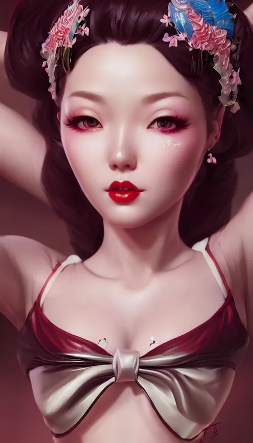 Image similar to a pin up and beautiful fashion and charming and dreamlke asian girl, lv jewelry, art by artgerm & jeehyung lee & wlop, hyperdetailed, 8 k realistic, symmetrical, frostbite 3 engine, cryengine, dof, trending on artstation, digital art