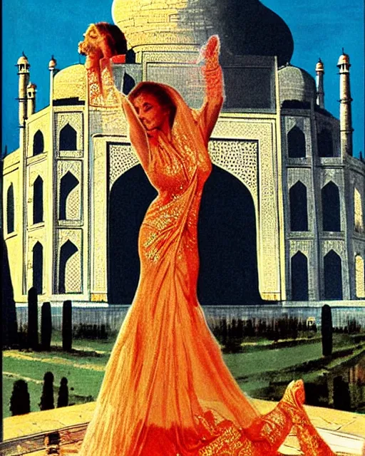 Prompt: tuesday weld visits the taj mahal by virgil finlay and gil elvgren