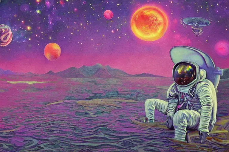 Prompt: surreal painting by chesley bonestelll!!, 1 2 an astronaut sitting near a river + psychedelic vegetation + purple, pink, blue + planets and stars + mystic fog, 5 0's vintage sci - fi style, rule of third!!!!, line art, 8 k, super detailed, high quality