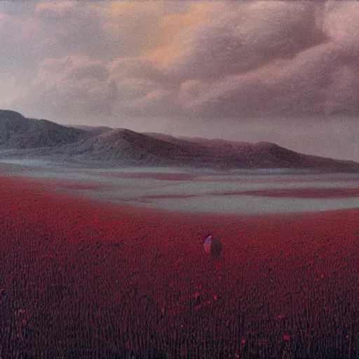 Image similar to A Landscape by Zdzisław Beksiński and Peter Elson