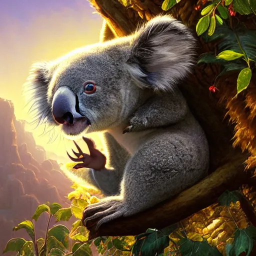 Image similar to highly detailed portrait of koala eating a taco, stephen bliss, unreal engine, fantasy art by greg rutkowski, loish, rhads, ferdinand knab, makoto shinkai and lois van baarle, ilya kuvshinov, rossdraws, tom bagshaw, alphonse mucha, global illumination, radiant light, detailed and intricate environment