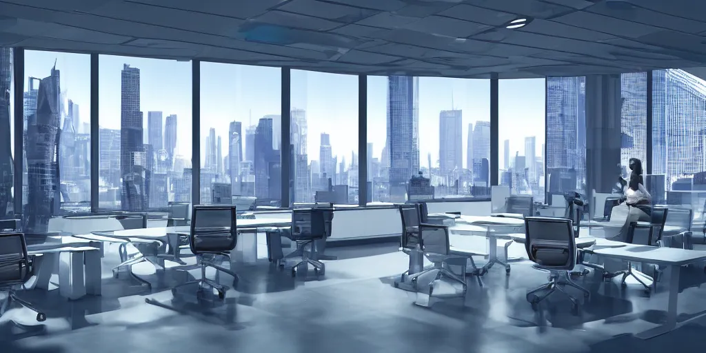 Image similar to an sci - fi futuristic ceo office with levitating chairs, windows of a futuristic city in the background hyper - realistic digital art