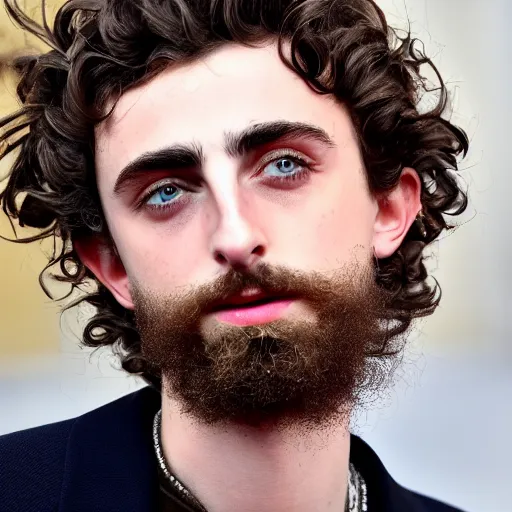 Image similar to bearded timothee chalamet experiencing homelessness