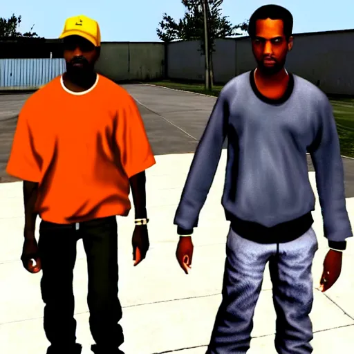 Image similar to full body shot of Kanye West and Travis Scott in GTA San Andreas, PlayStation 2 graphics, low quality 3D model