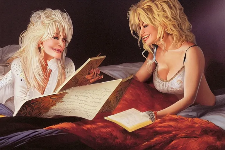 Image similar to portrait of dolly parton reading a bedtime story to michael jackson in bed, an oil painting by ross tran and thomas kincade